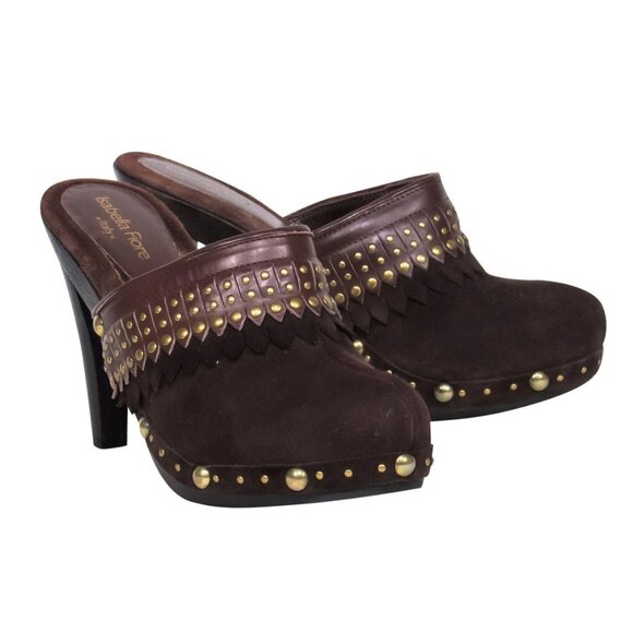 Isabella Fiore - Brown Suede Gold Studded Clog Heels Sz 10 - Picture 1 of 3